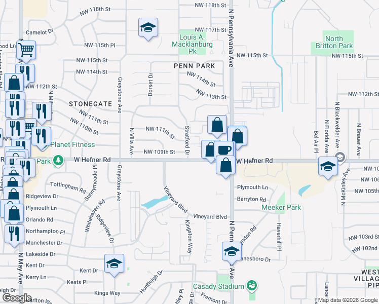 map of restaurants, bars, coffee shops, grocery stores, and more near 2200 West Hefner Road in The Village