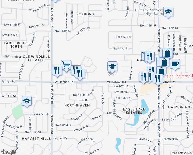 map of restaurants, bars, coffee shops, grocery stores, and more near 7515 Northwest 107th Street in Oklahoma City