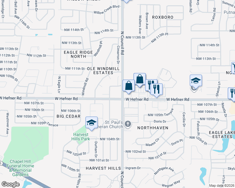 map of restaurants, bars, coffee shops, grocery stores, and more near 8005 West Hefner Road in Oklahoma City