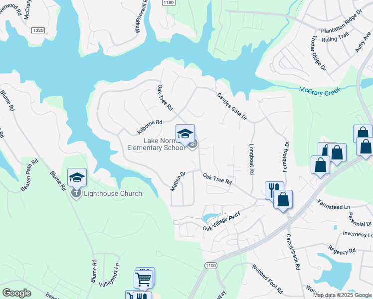 map of restaurants, bars, coffee shops, grocery stores, and more near 255 Oak Tree Road in Mooresville