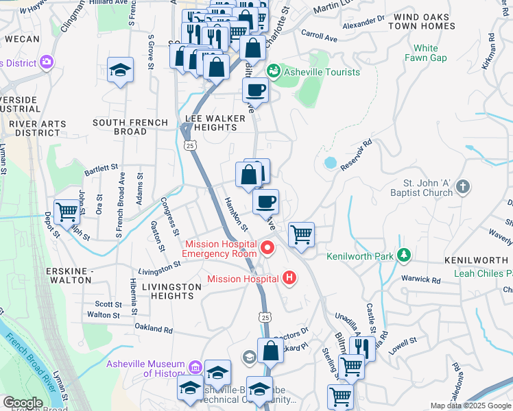 map of restaurants, bars, coffee shops, grocery stores, and more near 445 Biltmore Avenue in Asheville
