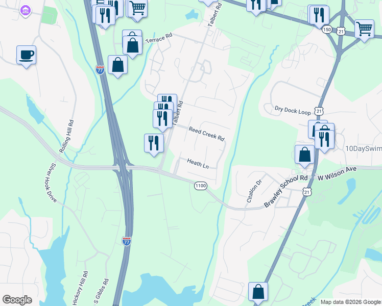 map of restaurants, bars, coffee shops, grocery stores, and more near 140 Heath Lane in Mooresville
