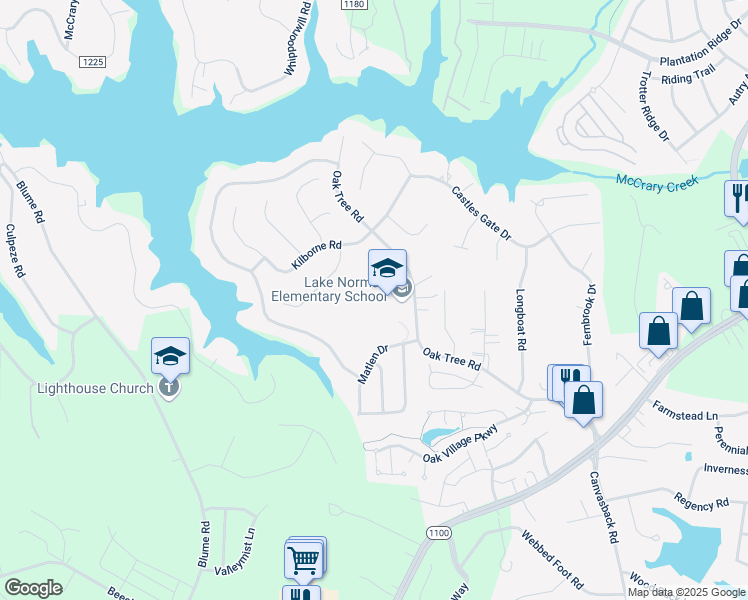 map of restaurants, bars, coffee shops, grocery stores, and more near 255 Oak Tree Road in Mooresville