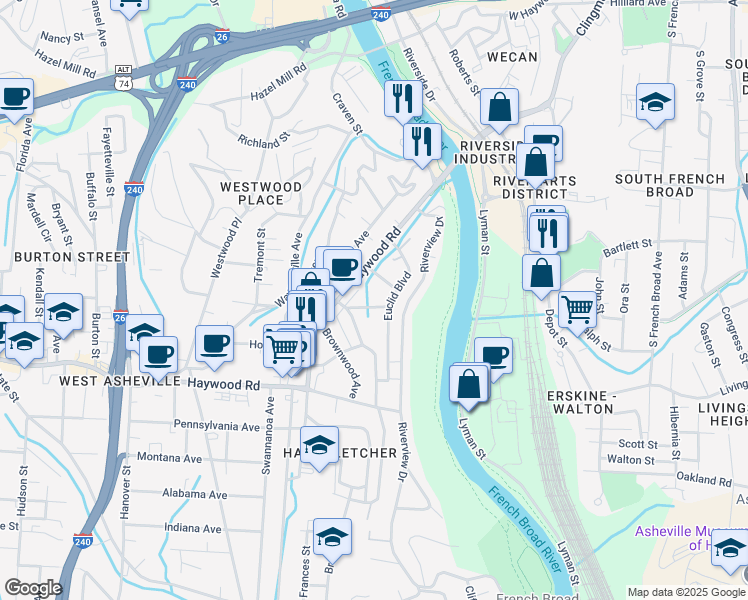 map of restaurants, bars, coffee shops, grocery stores, and more near 30 Success Avenue in Asheville