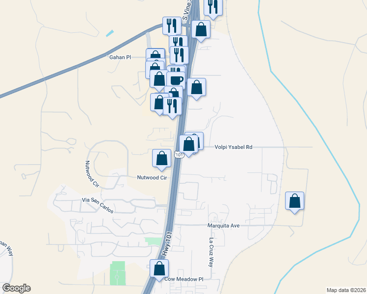 map of restaurants, bars, coffee shops, grocery stores, and more near 2 Volpi Ysabel Road in Paso Robles