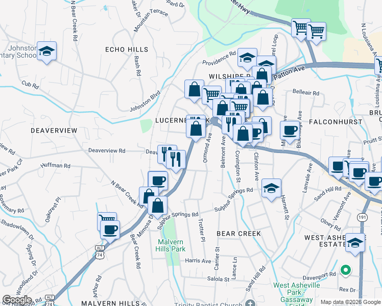 map of restaurants, bars, coffee shops, grocery stores, and more near in Asheville