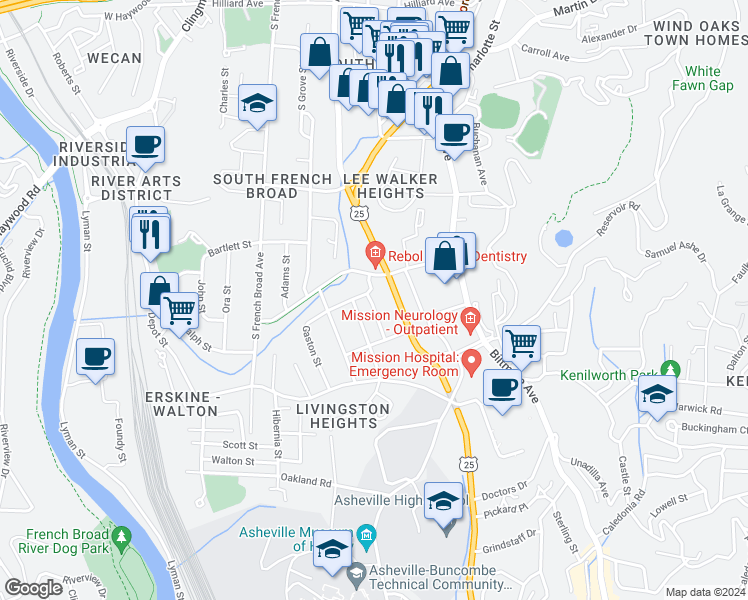 map of restaurants, bars, coffee shops, grocery stores, and more near 10 Olive Street in Asheville