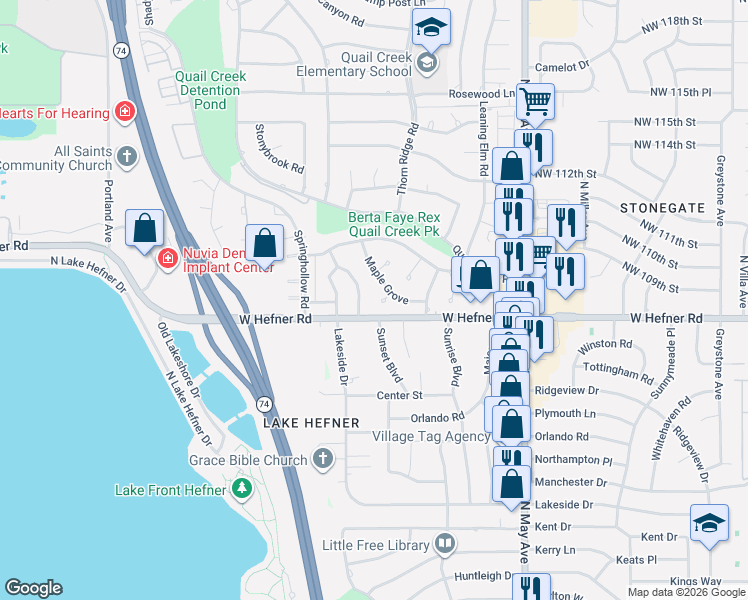 map of restaurants, bars, coffee shops, grocery stores, and more near 11005 Maple Grove in Oklahoma City