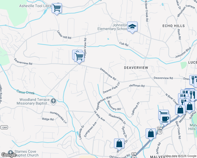 map of restaurants, bars, coffee shops, grocery stores, and more near 436 Deaverview Road in Asheville