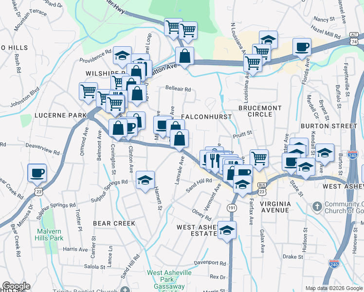 map of restaurants, bars, coffee shops, grocery stores, and more near 15 Dysart Street in Asheville
