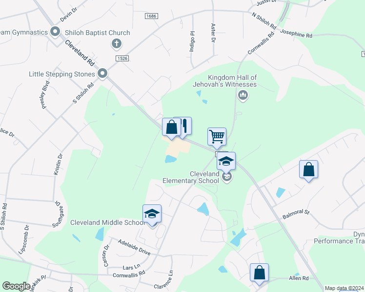 map of restaurants, bars, coffee shops, grocery stores, and more near 10515 Cleveland Road in Garner