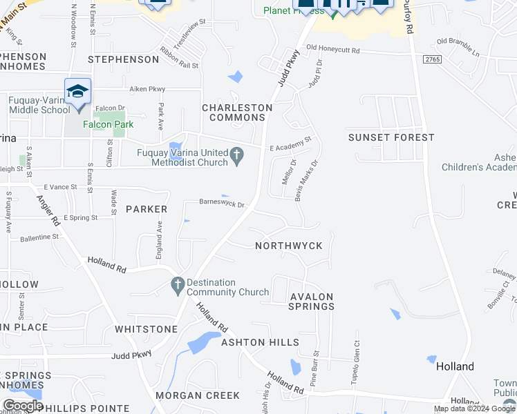 map of restaurants, bars, coffee shops, grocery stores, and more near 541 Barneswyck Drive in Fuquay Varina