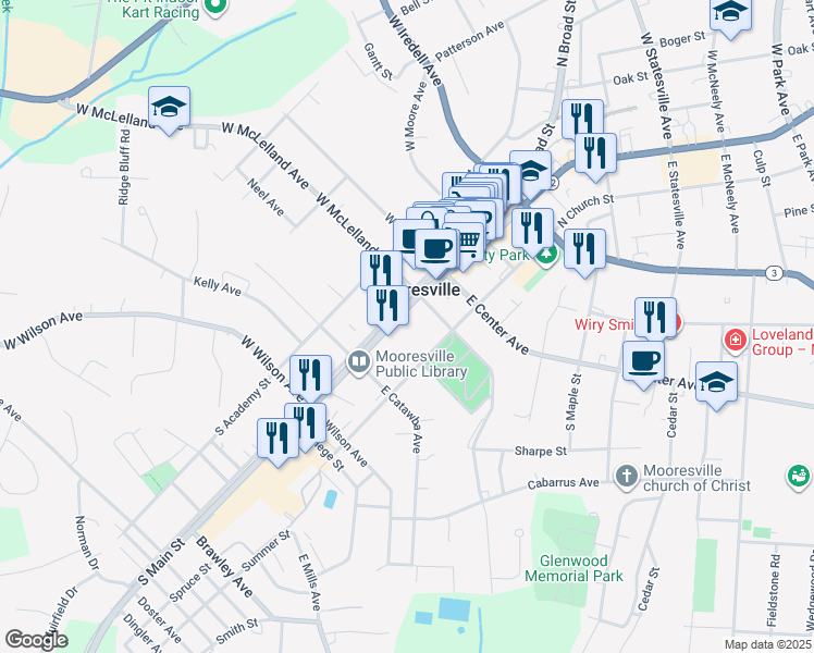 map of restaurants, bars, coffee shops, grocery stores, and more near in Mooresville