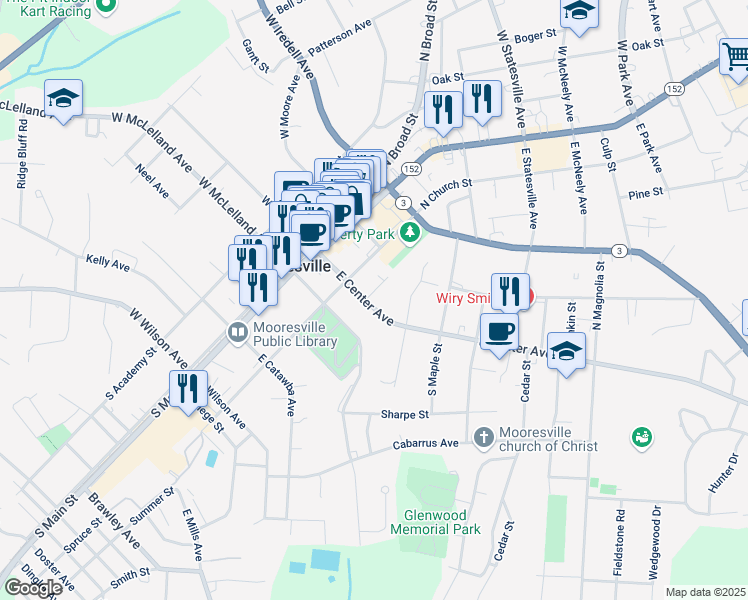 map of restaurants, bars, coffee shops, grocery stores, and more near 103 North Church Street in Mooresville
