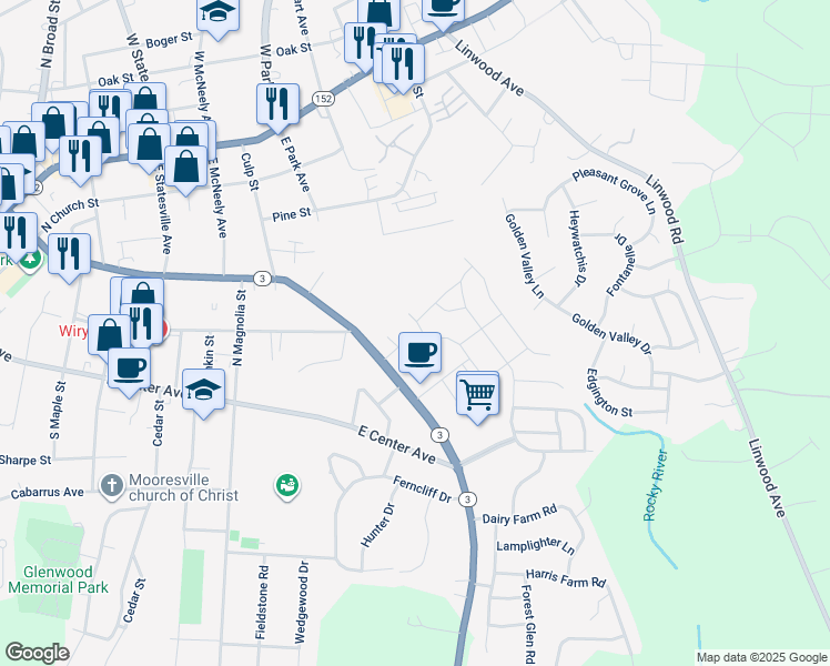map of restaurants, bars, coffee shops, grocery stores, and more near 105 Knightsway Drive in Mooresville