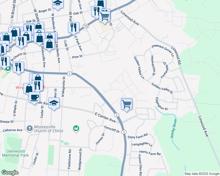 map of restaurants, bars, coffee shops, grocery stores, and more near 105 Knightsway Drive in Mooresville