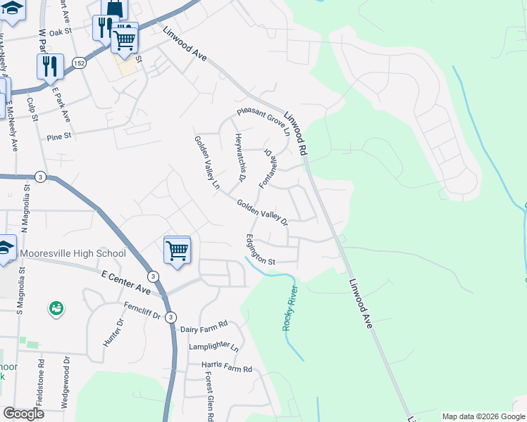 map of restaurants, bars, coffee shops, grocery stores, and more near 162 Golden Valley Drive in Mooresville