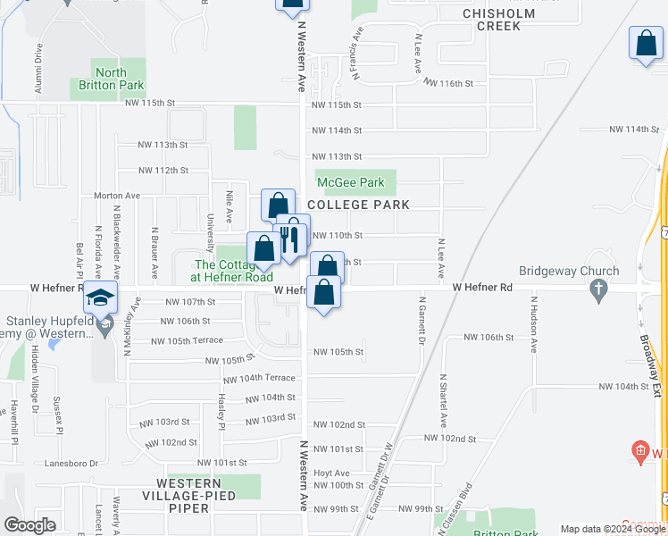 map of restaurants, bars, coffee shops, grocery stores, and more near 912 Northwest 109th Street in Oklahoma City