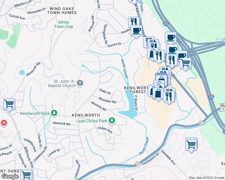 map of restaurants, bars, coffee shops, grocery stores, and more near 17 Marne Road in Asheville