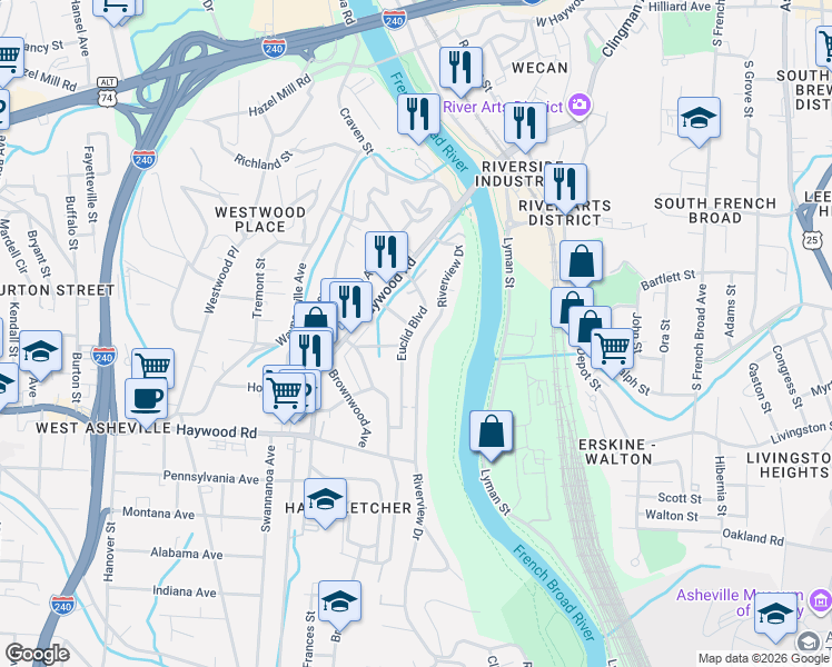 map of restaurants, bars, coffee shops, grocery stores, and more near 49 Euclid Boulevard in Asheville