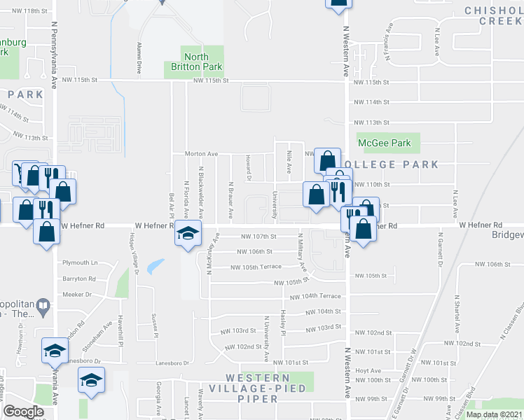 map of restaurants, bars, coffee shops, grocery stores, and more near 1301 West Hefner Road in Oklahoma City