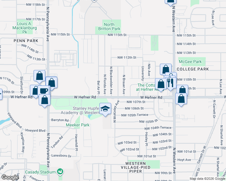 map of restaurants, bars, coffee shops, grocery stores, and more near 11009 North Blackwelder Avenue in Oklahoma City