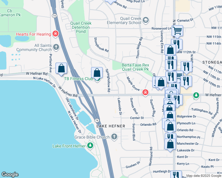map of restaurants, bars, coffee shops, grocery stores, and more near 11020 Springhollow Road in Oklahoma City