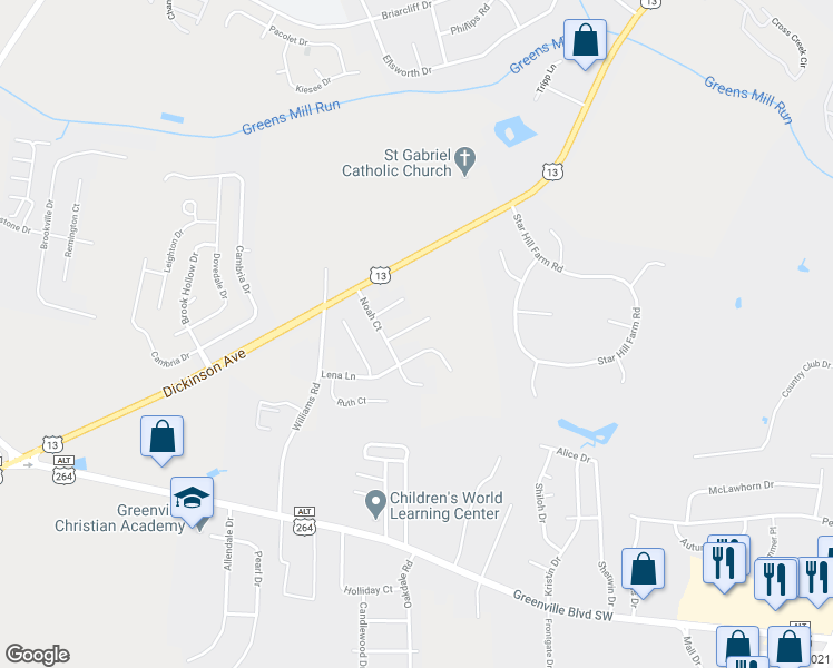 map of restaurants, bars, coffee shops, grocery stores, and more near 3513 Willette Drive in Greenville