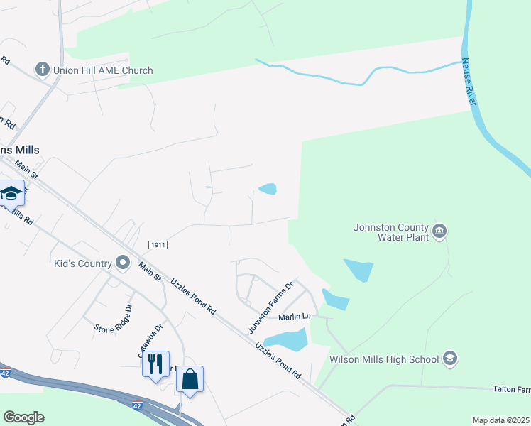map of restaurants, bars, coffee shops, grocery stores, and more near 405 State Road 1911 in Smithfield