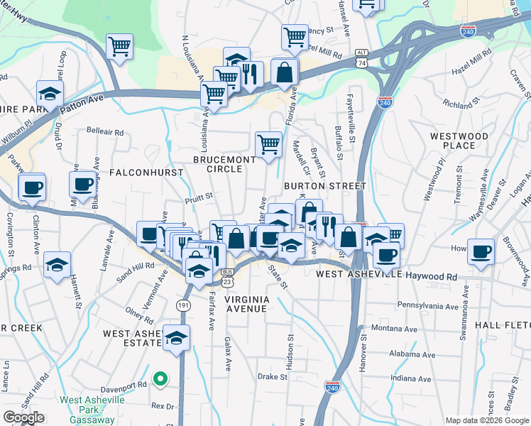 map of restaurants, bars, coffee shops, grocery stores, and more near 61 Dorchester Avenue in Asheville