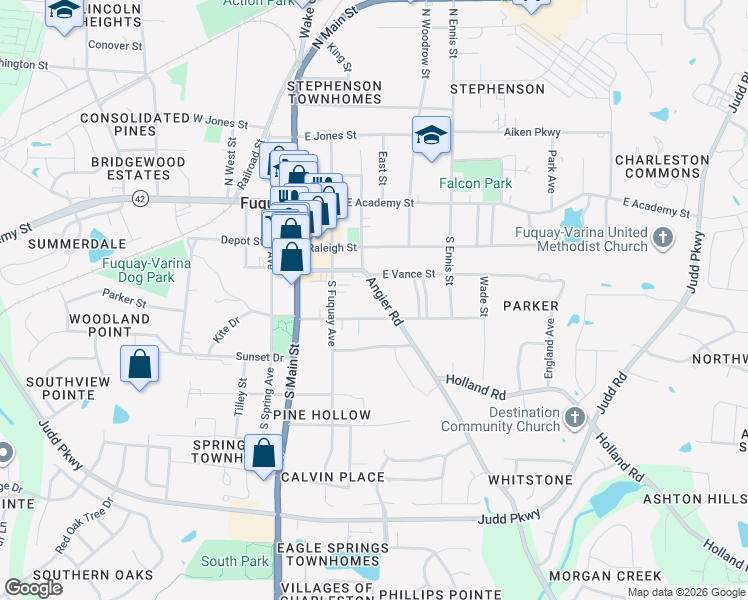 map of restaurants, bars, coffee shops, grocery stores, and more near 306 Angier Road in Fuquay-Varina