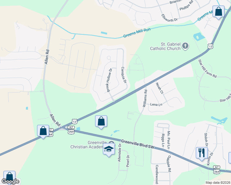 map of restaurants, bars, coffee shops, grocery stores, and more near 2051 Cambria Drive in Greenville