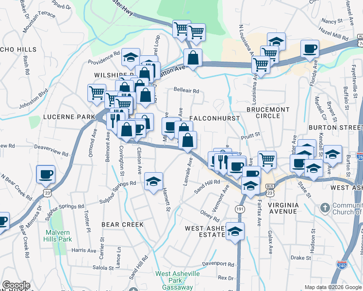 map of restaurants, bars, coffee shops, grocery stores, and more near 100 Pace Lane in Asheville