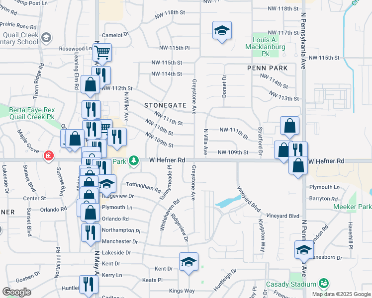 map of restaurants, bars, coffee shops, grocery stores, and more near 2517 Northwest 109th Street in Oklahoma City