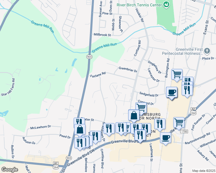 map of restaurants, bars, coffee shops, grocery stores, and more near 315 Horseshoe Drive in Greenville