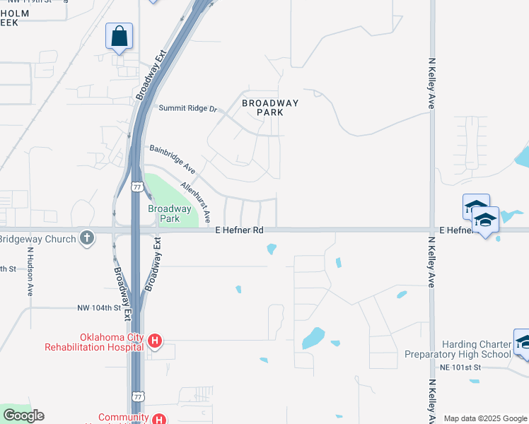 map of restaurants, bars, coffee shops, grocery stores, and more near 504 Bainbridge Avenue in Oklahoma City