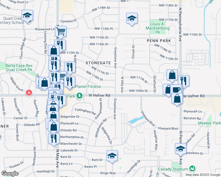 map of restaurants, bars, coffee shops, grocery stores, and more near 2517 Northwest 109th Street in Oklahoma City