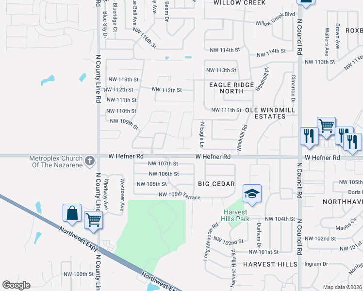 map of restaurants, bars, coffee shops, grocery stores, and more near 8509 Northwest 109th Street in Oklahoma City