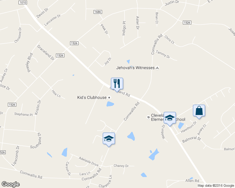 map of restaurants, bars, coffee shops, grocery stores, and more near 10515 Cleveland Road in Garner