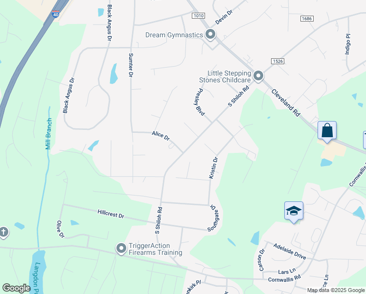 map of restaurants, bars, coffee shops, grocery stores, and more near 3906 South Shiloh Road in Garner