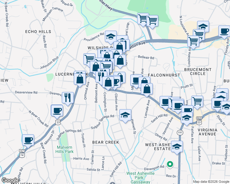 map of restaurants, bars, coffee shops, grocery stores, and more near 976 Haywood Road in Asheville