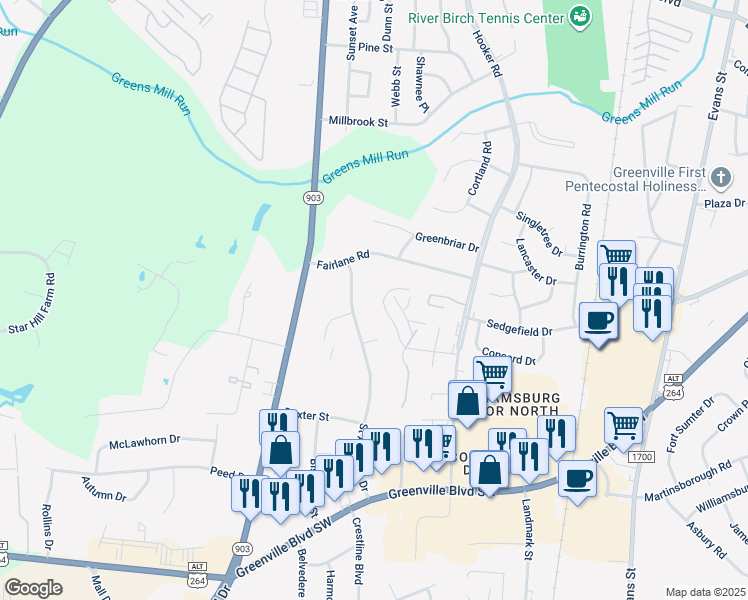 map of restaurants, bars, coffee shops, grocery stores, and more near 315 Horseshoe Drive in Greenville