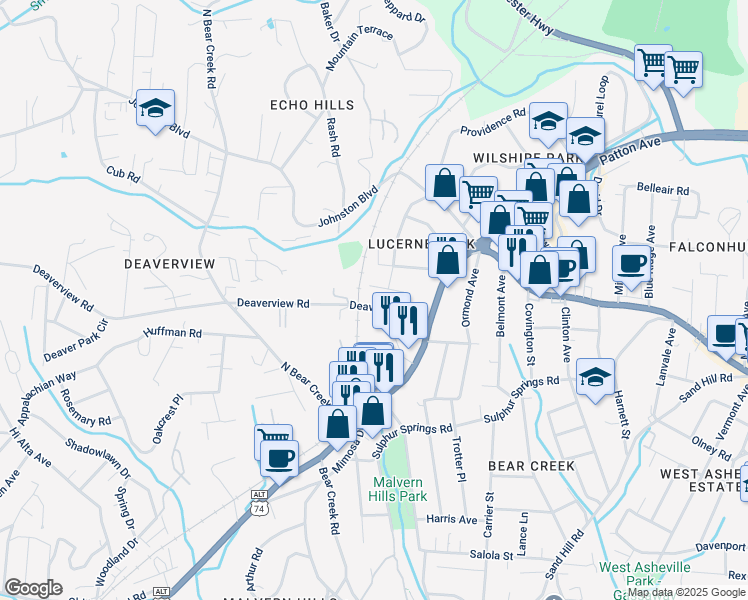 map of restaurants, bars, coffee shops, grocery stores, and more near 61 Deaverview Road in Asheville