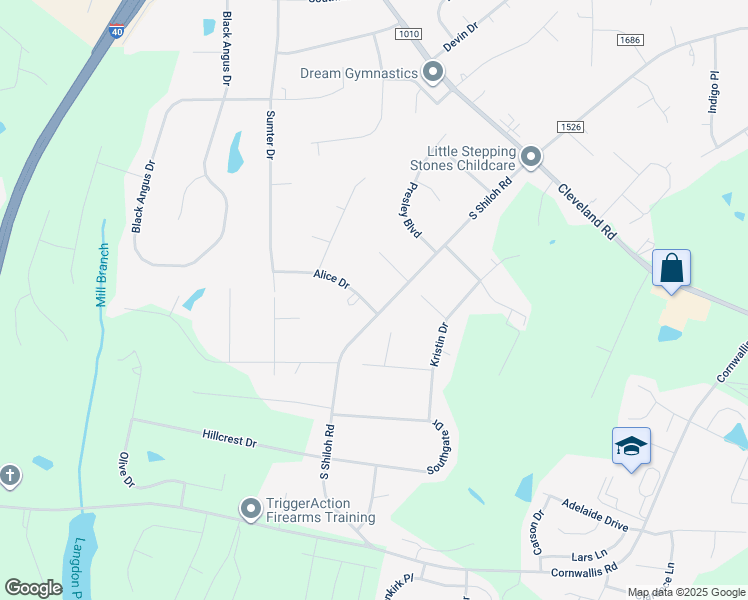 map of restaurants, bars, coffee shops, grocery stores, and more near 3906 South Shiloh Road in Garner