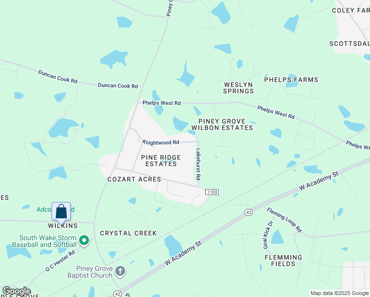 map of restaurants, bars, coffee shops, grocery stores, and more near 2609 Knightwood Road in Fuquay-Varina