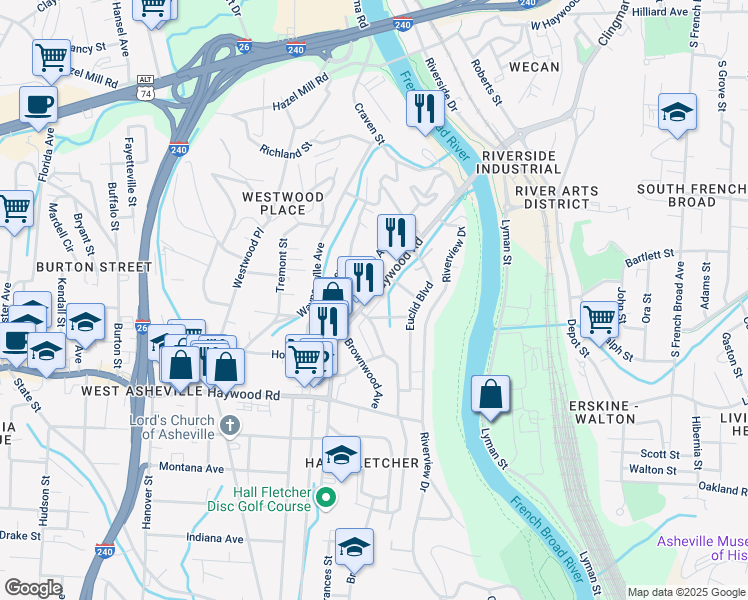map of restaurants, bars, coffee shops, grocery stores, and more near 160 Logan Avenue in Asheville