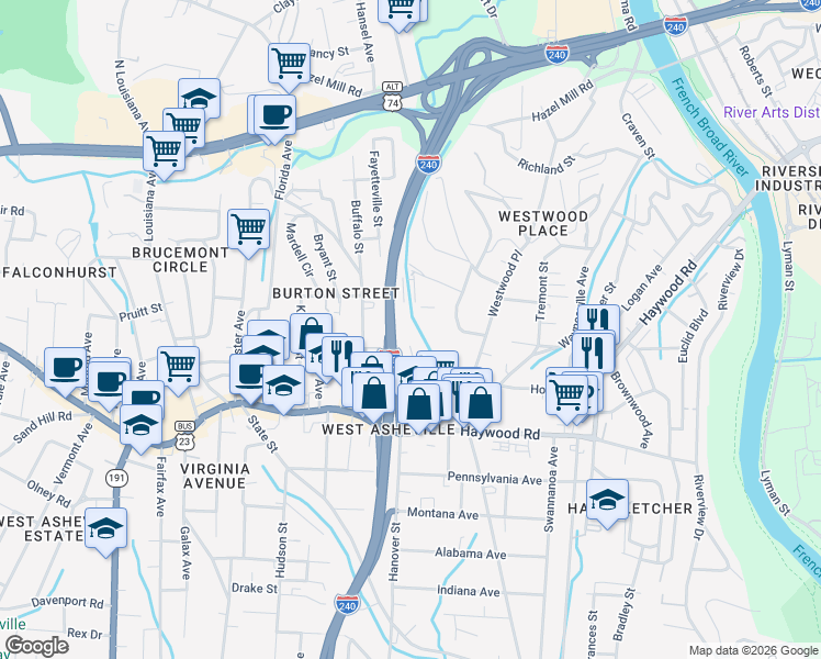 map of restaurants, bars, coffee shops, grocery stores, and more near 74 Argyle Lane in Asheville