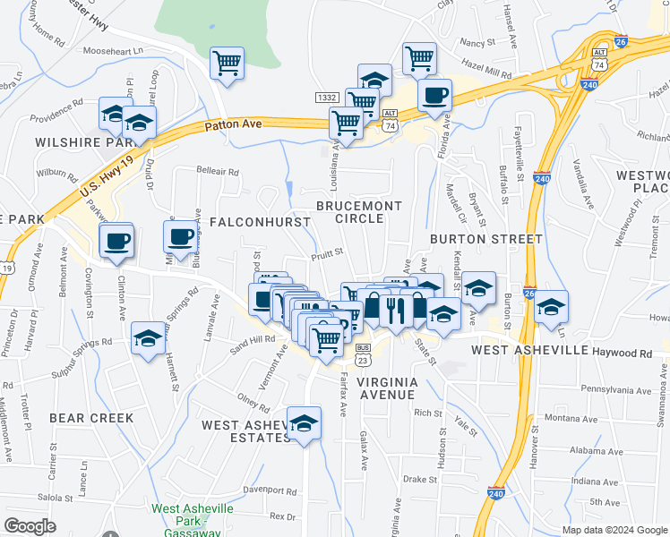 map of restaurants, bars, coffee shops, grocery stores, and more near 96 Louisiana Avenue in Asheville