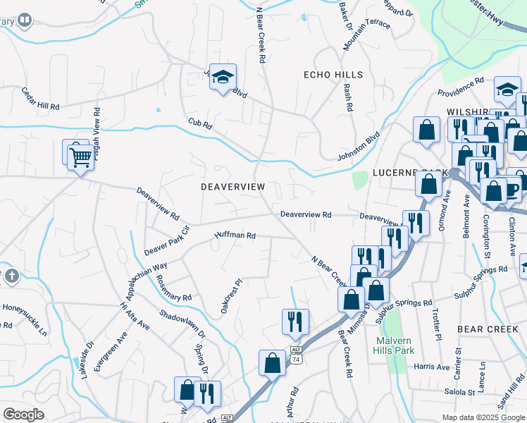 map of restaurants, bars, coffee shops, grocery stores, and more near 80 North Bear Creek Road in Asheville