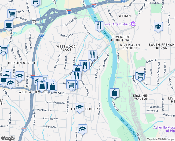 map of restaurants, bars, coffee shops, grocery stores, and more near 160 Logan Avenue in Asheville